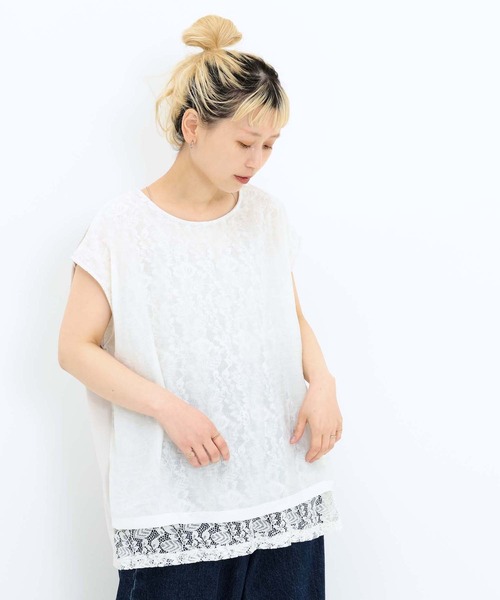HEART MARKET(ハートマーケット)の「レースシアー異素材切り替えプルオーバー(Tシャツ/カットソー・レディース・ブラック/チャコール/ホワイト/グレイッシュベージュ・FREE)」の7枚目の写真