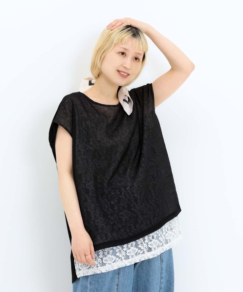 HEART MARKET(ハートマーケット)の「レースシアー異素材切り替えプルオーバー(Tシャツ/カットソー・レディース・ブラック/チャコール/ホワイト/グレイッシュベージュ・FREE)」の6枚目の写真