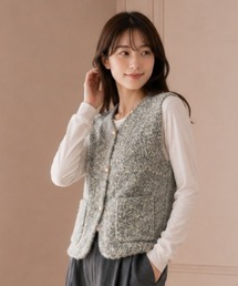 Vネック前開きミックス柄シャギーニットベスト