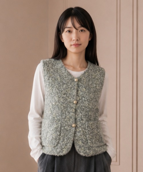 center i(センターアイ)の「Vネック前開きミックス柄シャギーニットベスト(ベスト・レディース・サックスブルー/イエロー・FREE)」の3枚目の写真