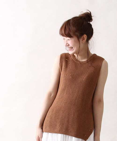 coen（コーエン）の「綿麻ニットベスト（ベスト・レディース・ライトグレー/ブラウン・LARGE/MEDIUM）」の2枚目の写真