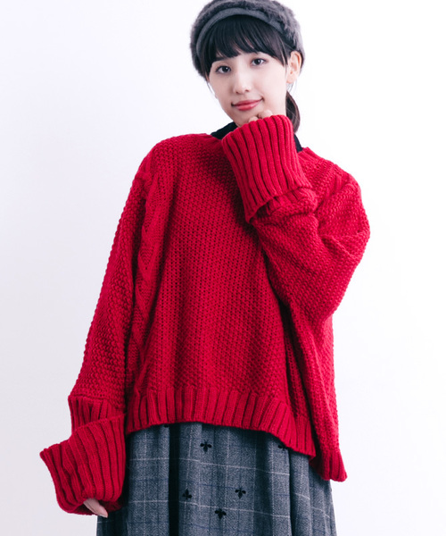 MERLOT（メルロー）の「ローゲージ模様編みニットトップス0069（ニット/セーター・レディース・ブラック/ベージュ/グレー/レッド/ブルーグリーン・FREE）」の5枚目の写真