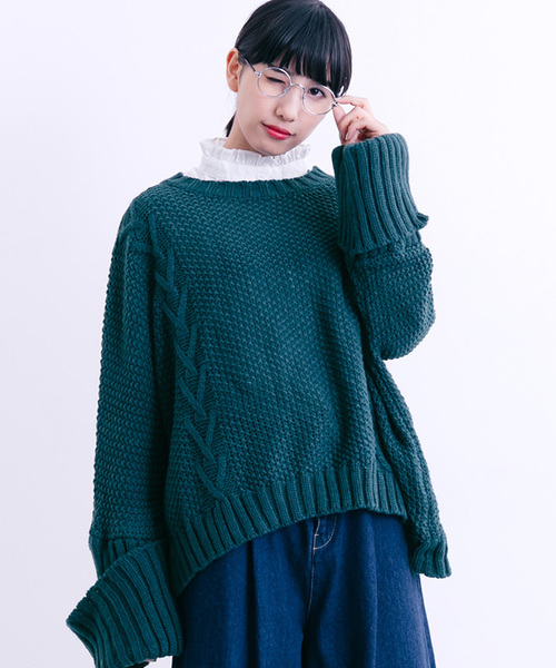 MERLOT（メルロー）の「ローゲージ模様編みニットトップス0069（ニット/セーター・レディース・ブラック/ベージュ/グレー/レッド/ブルーグリーン・FREE）」の4枚目の写真