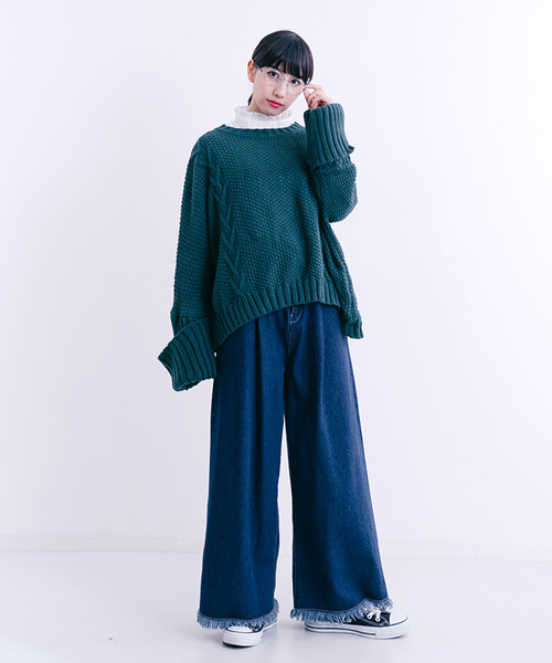 MERLOT（メルロー）の「ローゲージ模様編みニットトップス0069（ニット/セーター・レディース・ブラック/ベージュ/グレー/レッド/ブルーグリーン・FREE）」の9枚目の写真