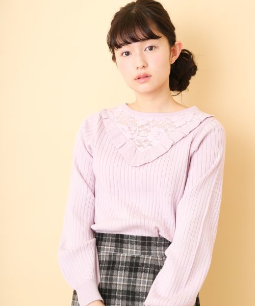 OLIVE des OLIVE(オリーブデオリーブ)の「レース切替えフリル プルオーバー(ニット/セーター・レディース・ブラック/オフホワイト/ボルドー/ラベンダー・FREE)」の1枚目の写真