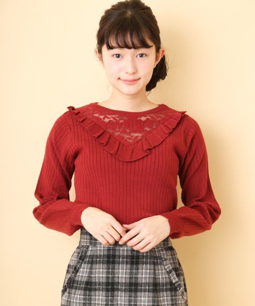 OLIVE des OLIVE(オリーブデオリーブ)の「レース切替えフリル プルオーバー(ニット/セーター・レディース・ブラック/オフホワイト/ボルドー/ラベンダー・FREE)」の12枚目の写真