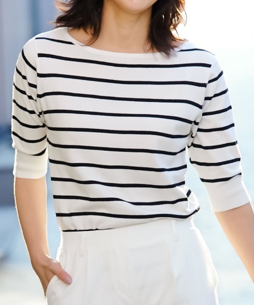 Re:EDIT（リエディ）の「シーズンレスで着まわし力抜群◆ボートネックハイゲージ五分袖ニットトップス（ニット/セーター・レディース・ホワイト/ネイビー/サックスブルー/パープル/カーキ/ラベンダー/ブラック/グレー/ピンク/ブルー/ベージュ/レッド/イエロー/レンガ/グリーン/プラム/ホワイト×ブラック・LARGE/MEDIUM/X-LARGE）」の3枚目の写真