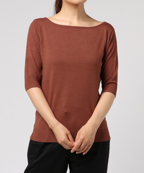 Re:EDIT（リエディ）の「シーズンレスで着まわし力抜群◆ボートネックハイゲージ五分袖ニットトップス（ニット/セーター・レディース・ホワイト/ネイビー/サックスブルー/パープル/カーキ/ラベンダー/ブラック/グレー/ピンク/ブルー/ベージュ/レッド/イエロー/レンガ/グリーン/プラム/ホワイト×ブラック・LARGE/MEDIUM/X-LARGE）」の17枚目の写真