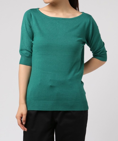 Re:EDIT（リエディ）の「シーズンレスで着まわし力抜群◆ボートネックハイゲージ五分袖ニットトップス（ニット/セーター・レディース・ホワイト/ネイビー/サックスブルー/パープル/カーキ/ラベンダー/ブラック/グレー/ピンク/ブルー/ベージュ/レッド/イエロー/レンガ/グリーン/プラム/ホワイト×ブラック・LARGE/MEDIUM/X-LARGE）」の8枚目の写真