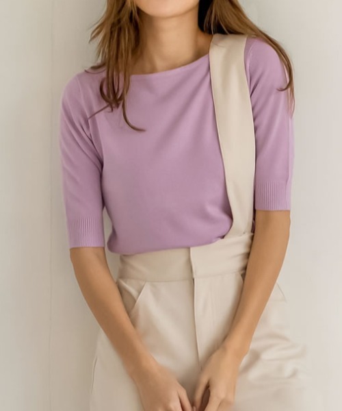 Re:EDIT（リエディ）の「シーズンレスで着まわし力抜群◆ボートネックハイゲージ五分袖ニットトップス（ニット/セーター・レディース・ホワイト/ネイビー/サックスブルー/パープル/カーキ/ラベンダー/ブラック/グレー/ピンク/ブルー/ベージュ/レッド/イエロー/レンガ/グリーン/プラム/ホワイト×ブラック・LARGE/MEDIUM/X-LARGE）」の13枚目の写真