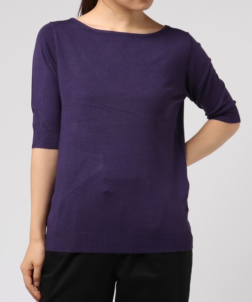 Re:EDIT（リエディ）の「シーズンレスで着まわし力抜群◆ボートネックハイゲージ五分袖ニットトップス（ニット/セーター・レディース・ホワイト/ネイビー/サックスブルー/パープル/カーキ/ラベンダー/ブラック/グレー/ピンク/ブルー/ベージュ/レッド/イエロー/レンガ/グリーン/プラム/ホワイト×ブラック・LARGE/MEDIUM/X-LARGE）」の12枚目の写真