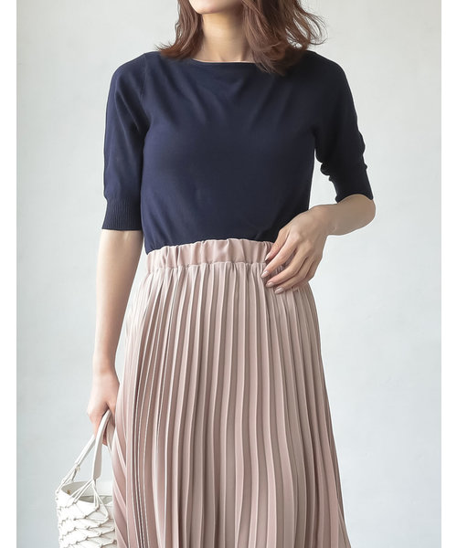 Re:EDIT（リエディ）の「シーズンレスで着まわし力抜群◆ボートネックハイゲージ五分袖ニットトップス（ニット/セーター・レディース・ホワイト/ネイビー/サックスブルー/パープル/カーキ/ラベンダー/ブラック/グレー/ピンク/ブルー/ベージュ/レッド/イエロー/レンガ/グリーン/プラム/ホワイト×ブラック・LARGE/MEDIUM/X-LARGE）」の9枚目の写真