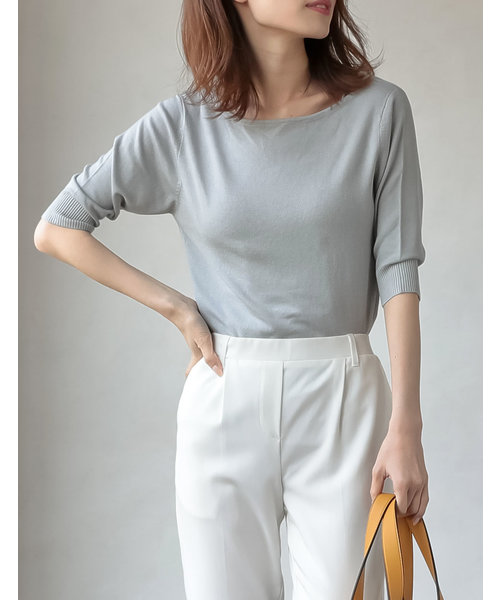 Re:EDIT（リエディ）の「シーズンレスで着まわし力抜群◆ボートネックハイゲージ五分袖ニットトップス（ニット/セーター・レディース・ホワイト/ネイビー/サックスブルー/パープル/カーキ/ラベンダー/ブラック/グレー/ピンク/ブルー/ベージュ/レッド/イエロー/レンガ/グリーン/プラム/ホワイト×ブラック・LARGE/MEDIUM/X-LARGE）」の5枚目の写真