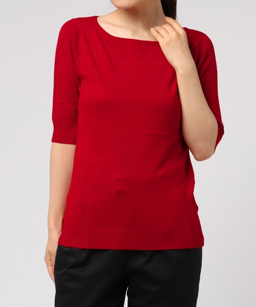 Re:EDIT（リエディ）の「シーズンレスで着まわし力抜群◆ボートネックハイゲージ五分袖ニットトップス（ニット/セーター・レディース・ホワイト/ネイビー/サックスブルー/パープル/カーキ/ラベンダー/ブラック/グレー/ピンク/ブルー/ベージュ/レッド/イエロー/レンガ/グリーン/プラム/ホワイト×ブラック・LARGE/MEDIUM/X-LARGE）」の16枚目の写真