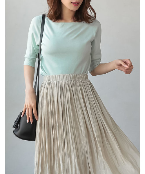 Re:EDIT（リエディ）の「シーズンレスで着まわし力抜群◆ボートネックハイゲージ五分袖ニットトップス（ニット/セーター・レディース・ホワイト/ネイビー/サックスブルー/パープル/カーキ/ラベンダー/ブラック/グレー/ピンク/ブルー/ベージュ/レッド/イエロー/レンガ/グリーン/プラム/ホワイト×ブラック・LARGE/MEDIUM/X-LARGE）」の10枚目の写真