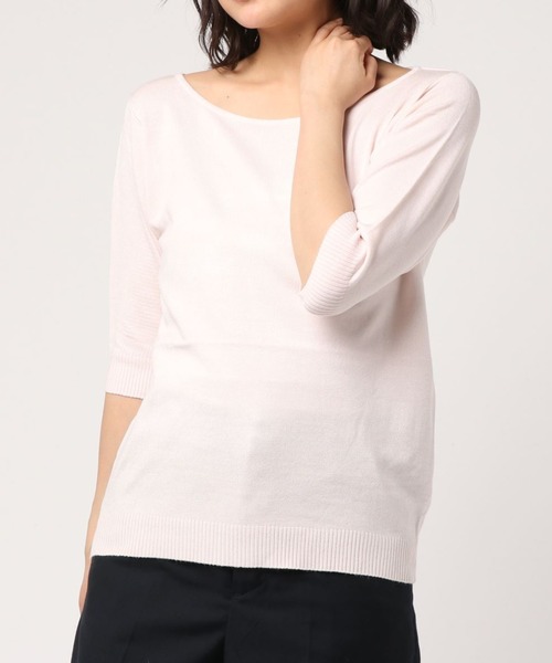 Re:EDIT（リエディ）の「シーズンレスで着まわし力抜群◆ボートネックハイゲージ五分袖ニットトップス（ニット/セーター・レディース・ホワイト/ネイビー/サックスブルー/パープル/カーキ/ラベンダー/ブラック/グレー/ピンク/ブルー/ベージュ/レッド/イエロー/レンガ/グリーン/プラム/ホワイト×ブラック・LARGE/MEDIUM/X-LARGE）」の15枚目の写真