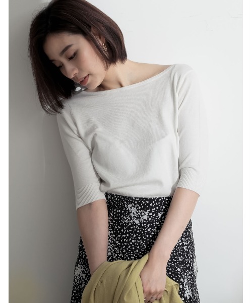 Re:EDIT（リエディ）の「シーズンレスで着まわし力抜群◆ボートネックハイゲージ五分袖ニットトップス（ニット/セーター・レディース・ホワイト/ネイビー/サックスブルー/パープル/カーキ/ラベンダー/ブラック/グレー/ピンク/ブルー/ベージュ/レッド/イエロー/レンガ/グリーン/プラム/ホワイト×ブラック・LARGE/MEDIUM/X-LARGE）」の18枚目の写真