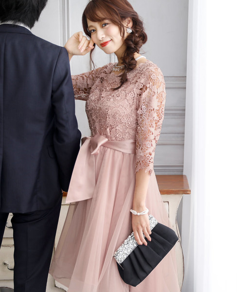 結婚式ワンピースドレスサーキュラーチュール七分袖&ロングフォーマル