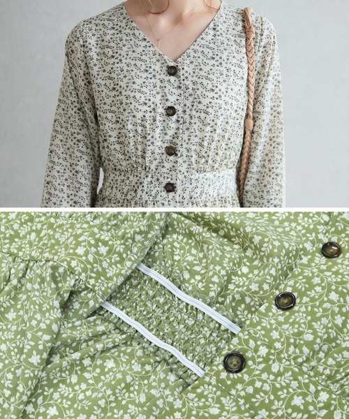 reca（レカ）の「前ボタンVネック小花柄マキシ丈ワンピース（Tシャツ/カットソー・レディース・オリーブ/ブラック/ホワイト・M）」の15枚目の写真