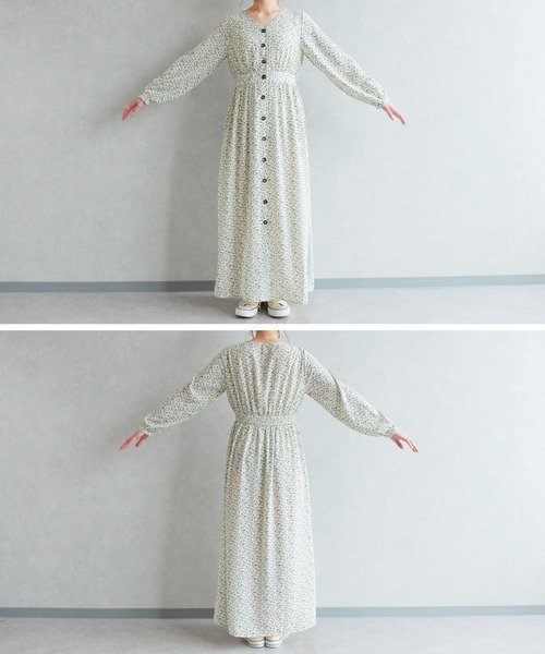 reca（レカ）の「前ボタンVネック小花柄マキシ丈ワンピース（Tシャツ/カットソー・レディース・オリーブ/ブラック/ホワイト・M）」の12枚目の写真