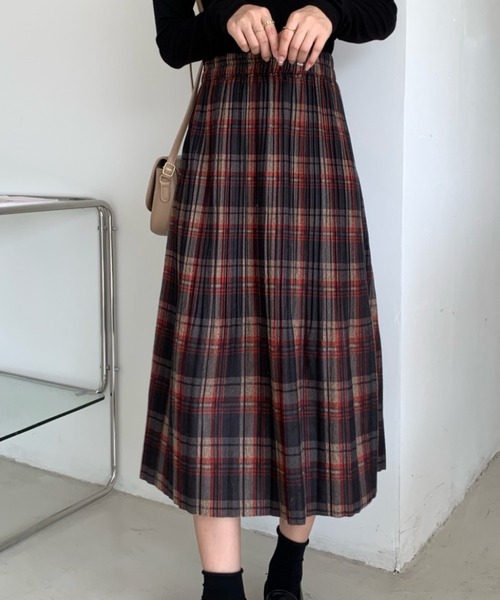 emi+（エミプラス）の「チェック柄ロングスカート（スカート・レディース・イエロー/グリーン/ブラウン/ベージュ/レッド/カーキ/ボルドー/オレンジ・M/L/S）」の6枚目の写真