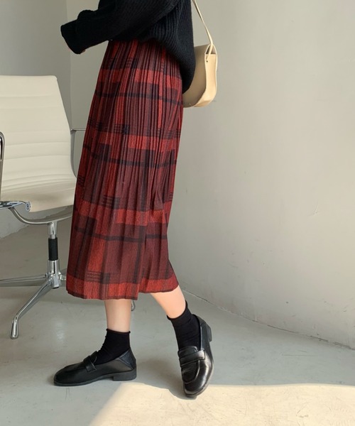 emi+（エミプラス）の「チェック柄ロングスカート（スカート・レディース・イエロー/グリーン/ブラウン/ベージュ/レッド/カーキ/ボルドー/オレンジ・M/L/S）」の12枚目の写真