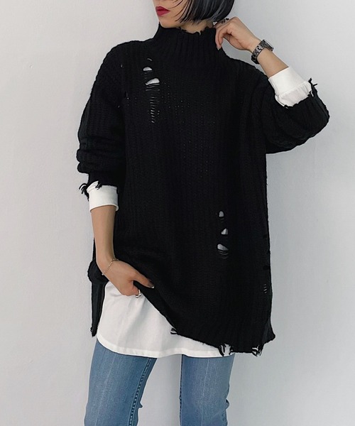 PAGEBOY（ページボーイ）の「モヘヤタッチダメージタートル（ニット/セーター・レディース・ブラック/グレイッシュベージュ/ブルー・FREE）」の2枚目の写真