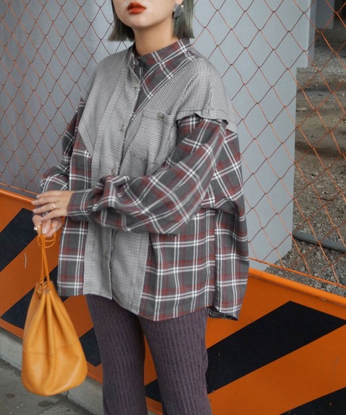 179/WG（イチナナキュウダブルジー）の「切り替えチェックシャツ（シャツ/ブラウス・レディース・ブラウン/グレー/グリーン・MEDIUM）」の2枚目の写真