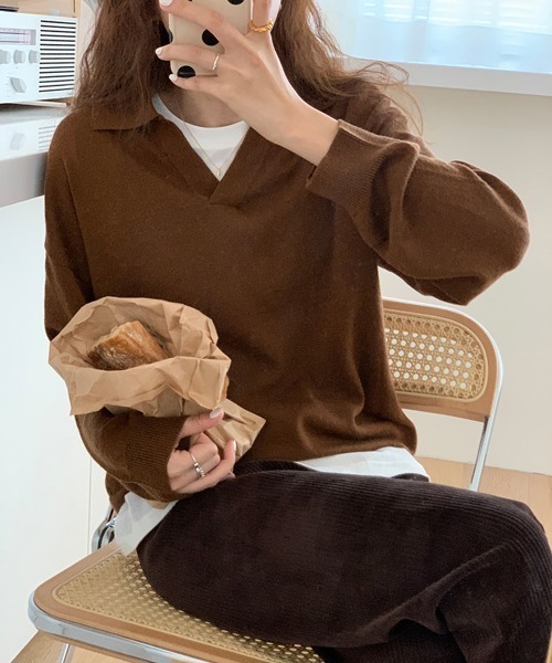 HALEY PESCA(ヘーリーペスカ)の「HALEY PESCA/Vネック ニットポロシャツ(ポロシャツ・レディース・ベージュ/アイボリー/ブラック/ブラウン・FREE)」の7枚目の写真