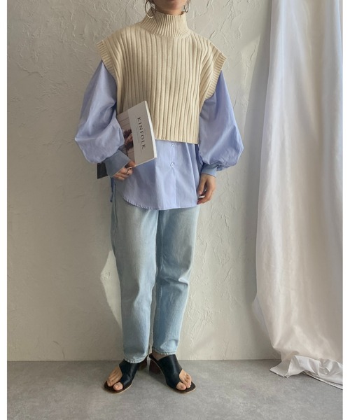 セール】前後2wayバッククロスショート丈ハイネックリブニット
