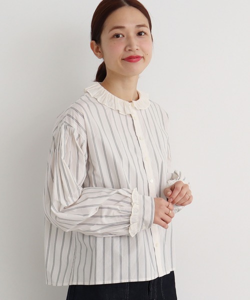 Malle（マル）の「malle COTTON　アシンメトリーフリルブラウス（シャツ/ブラウス・レディース・ストライプ/ライトベージュ/ブラック・FREE）」の3枚目の写真