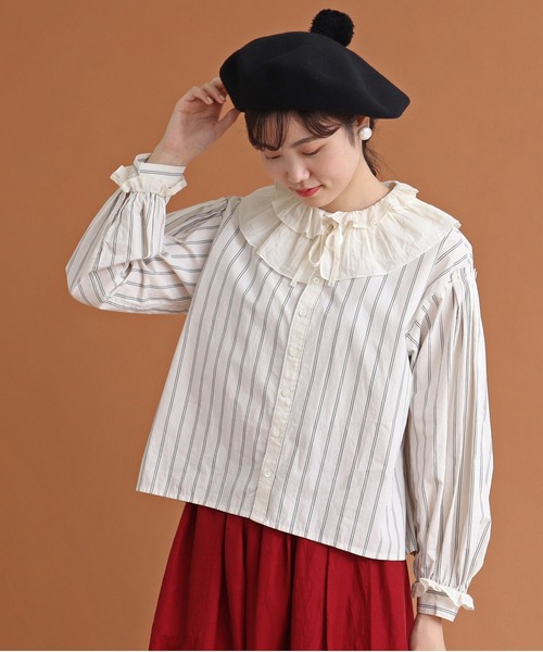 Malle（マル）の「malle COTTON　アシンメトリーフリルブラウス（シャツ/ブラウス・レディース・ストライプ/ライトベージュ/ブラック・FREE）」の21枚目の写真