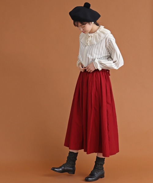 Malle（マル）の「malle COTTON　アシンメトリーフリルブラウス（シャツ/ブラウス・レディース・ストライプ/ライトベージュ/ブラック・FREE）」の22枚目の写真