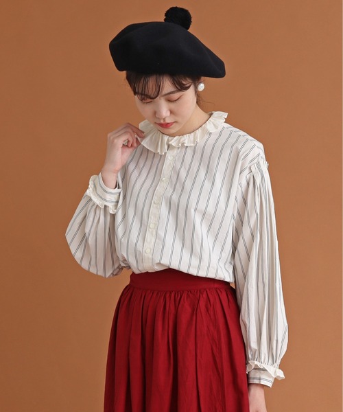 Malle（マル）の「malle COTTON　アシンメトリーフリルブラウス（シャツ/ブラウス・レディース・ストライプ/ライトベージュ/ブラック・FREE）」の17枚目の写真