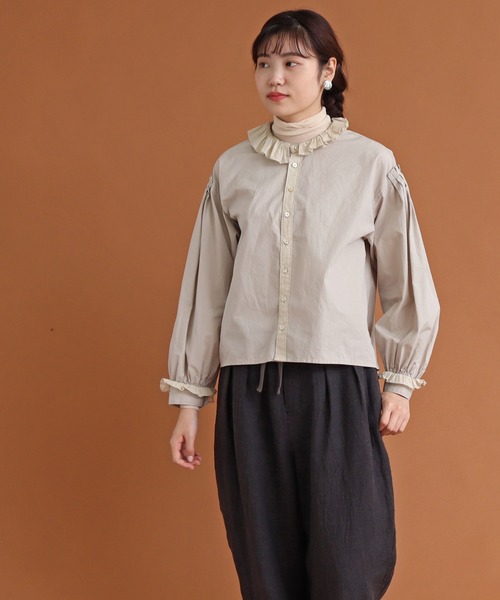 Malle（マル）の「malle COTTON　アシンメトリーフリルブラウス（シャツ/ブラウス・レディース・ストライプ/ライトベージュ/ブラック・FREE）」の6枚目の写真