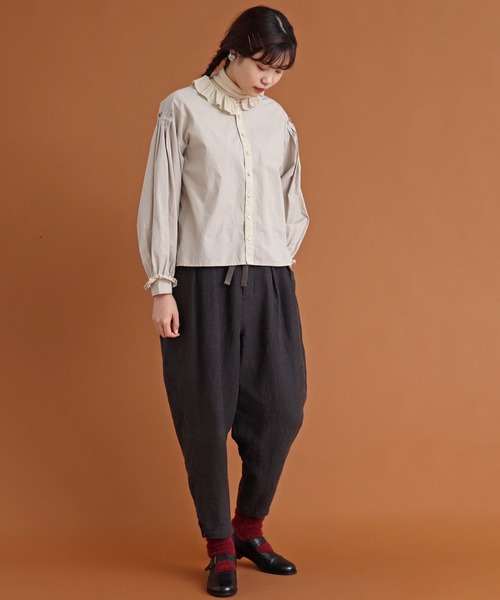 Malle（マル）の「malle COTTON　アシンメトリーフリルブラウス（シャツ/ブラウス・レディース・ストライプ/ライトベージュ/ブラック・FREE）」の12枚目の写真