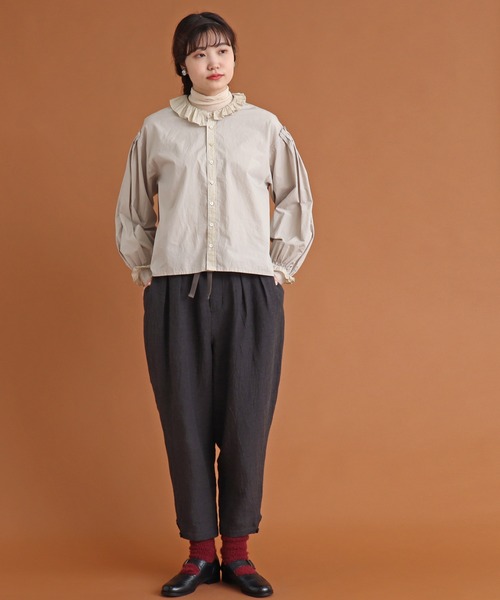 Malle（マル）の「malle COTTON　アシンメトリーフリルブラウス（シャツ/ブラウス・レディース・ストライプ/ライトベージュ/ブラック・FREE）」の15枚目の写真