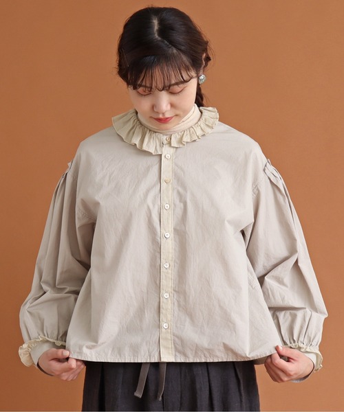 Malle（マル）の「malle COTTON　アシンメトリーフリルブラウス（シャツ/ブラウス・レディース・ストライプ/ライトベージュ/ブラック・FREE）」の4枚目の写真