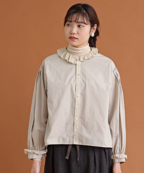 Malle（マル）の「malle COTTON　アシンメトリーフリルブラウス（シャツ/ブラウス・レディース・ストライプ/ライトベージュ/ブラック・FREE）」の16枚目の写真