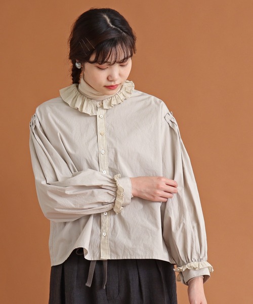 Malle（マル）の「malle COTTON　アシンメトリーフリルブラウス（シャツ/ブラウス・レディース・ストライプ/ライトベージュ/ブラック・FREE）」の13枚目の写真