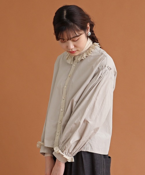 Malle（マル）の「malle COTTON　アシンメトリーフリルブラウス（シャツ/ブラウス・レディース・ストライプ/ライトベージュ/ブラック・FREE）」の7枚目の写真