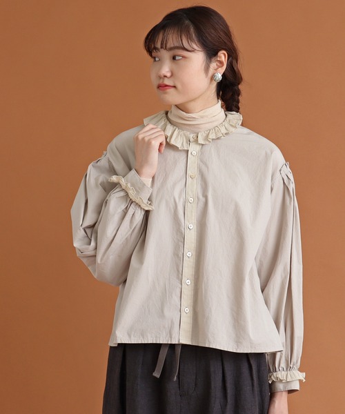 Malle（マル）の「malle COTTON　アシンメトリーフリルブラウス（シャツ/ブラウス・レディース・ストライプ/ライトベージュ/ブラック・FREE）」の14枚目の写真