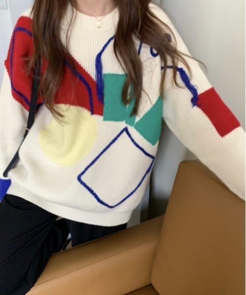 DAIS-Y(デイジー)の「パッチワークカラープルオーバー(ニット/セーター・レディース・アイボリー/ネイビー・FREE)」の1枚目の写真