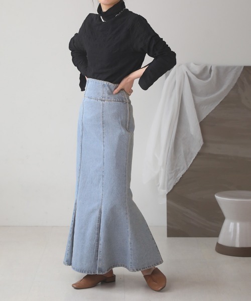 Bab（バブ）の「ハイウエストデニムマーメイドスカート（デニムスカート・レディース・ライトブルー/ブラック/アイボリー/ブルー・M）」の20枚目の写真