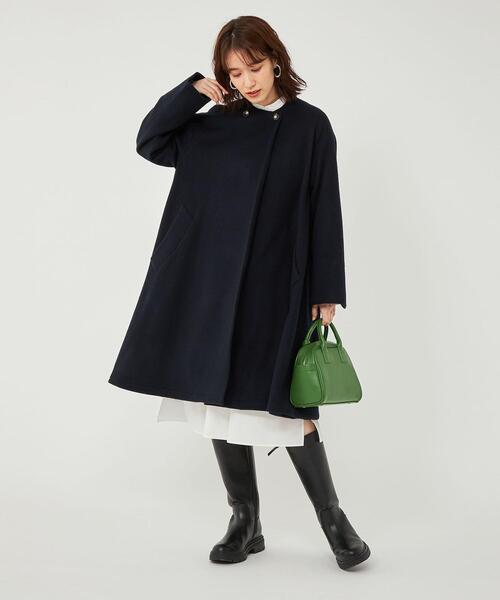 美品【ELIN】ノーカラーコート 36 ウール ボリューム袖 Aライン 濃紺 ELIN（エリン）の「【別注】＜ELIN (エリン)＞Aライン コート（ノー