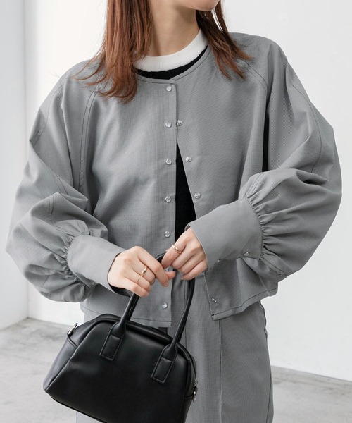 BONLECILL(ボンルシール)の「【セットアップ対応】ガンクラブチェック 2wayクロップドブラウス/ジャケットカーディガン(ノーカラージャケット・レディース・ブラック/ブラウン・FREE)」の3枚目の写真