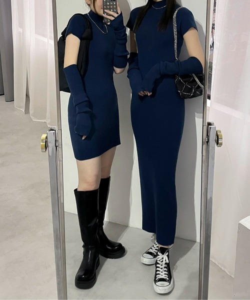 EPIMI E'PIMMY（エピミエピミー）の「【ミニ・ロングあり】アームウォーマー付プチハイリブニットワンピース（ワンピース・レディース・ダークブルー/アイボリー/ブラック/グレイッシュベージュ/オリーブ・MEDIUM/TALL）」の5枚目の写真