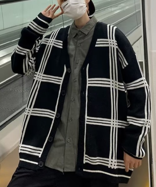 セール】チェック柄オーバーサイズカーディガン / ウィンドーペン