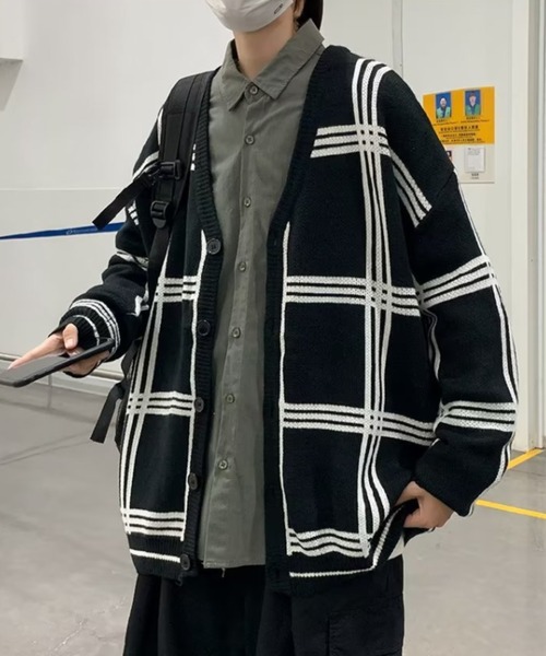 sheller カーディガン　チェック柄 ホワイト チェック柄 ニットカーディガン