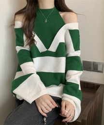 ワイドボーダーカットアウトニットプルオーバー